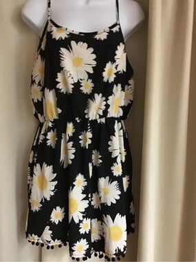Black Daisy-Print Romper with Pom Hem